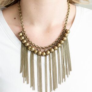 Bronze pearl beads with bronze chain fringe necklace and earrings